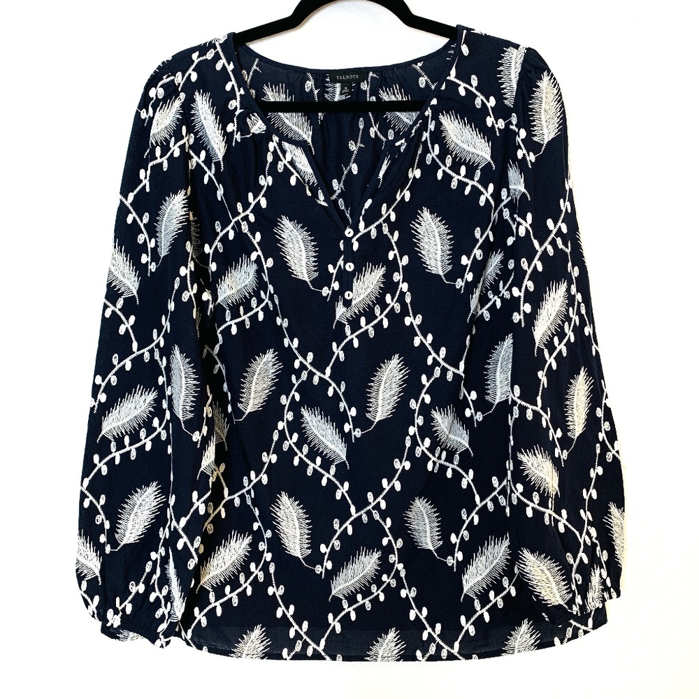 Talbots Peasant Top XL Embroidered Navy Blue Floral Leaves 100% Cotton Boho